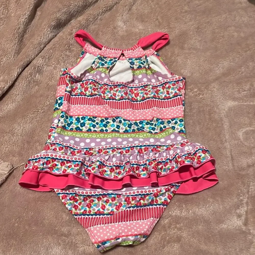 Foatimini 6 pink striped ruffled at waistline one pice swimsuit euc
